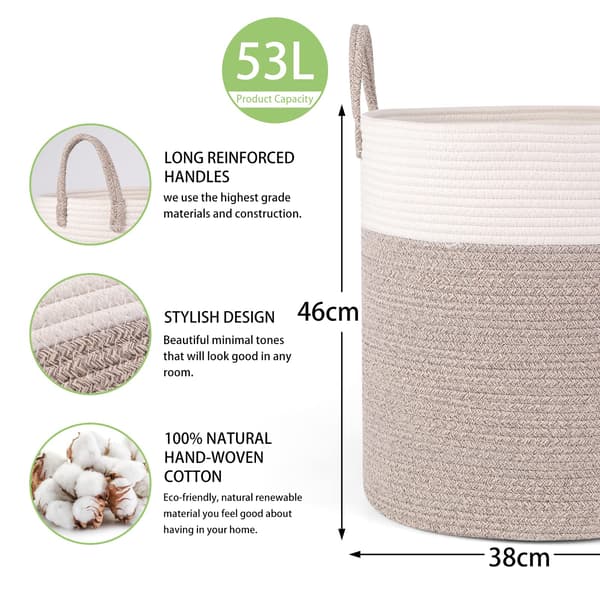 Woven Cotton Laundry Basket, 53L Laundry Hamper with Handles, 46x38cm