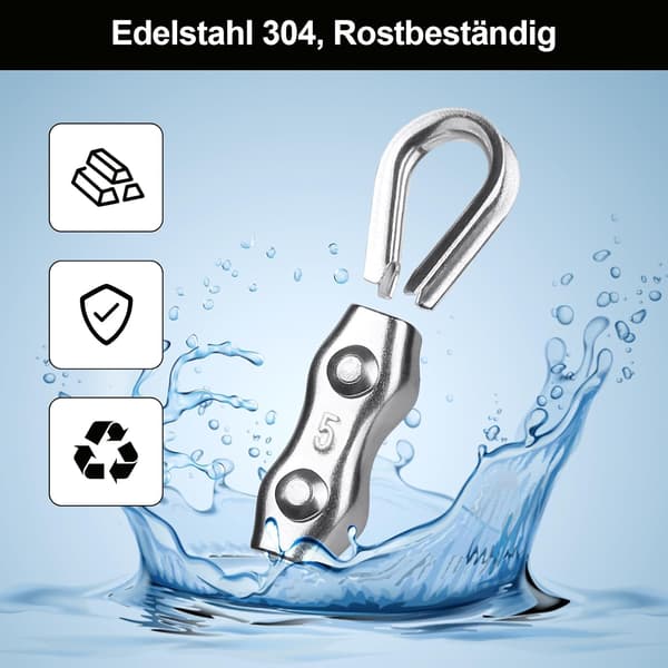 10 Stk. 5mm Stålwireklemme + 10 Stk. Wirekauser, 304 Rustfrit Stål til 3-4mm Stålwire, Tørresnor