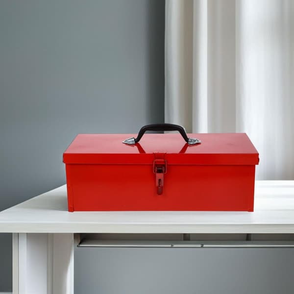 Portable Metal Toolbox with Buckle and Handle, Large Red Iron Toolbox