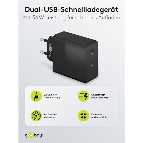 USB-C™ PD dobbelt hurtigoplader (36 W) sort Svart