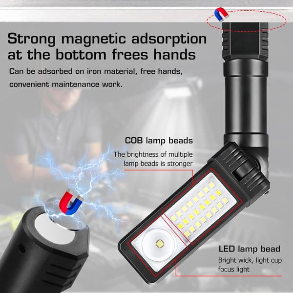 wxsp 2-pak Sort Arbejdslampe BD-5301 COB LED Genopladelig Billampe Stærk Magnetisk Base Bærbar Belysning Multifunktionel