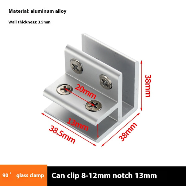 Sæt med 4 sølvfarvede 90 ° glasbeslag, der forbinder glasbeslag på to sider, brusebad, borde, paneler, fastspænding 8-12mm