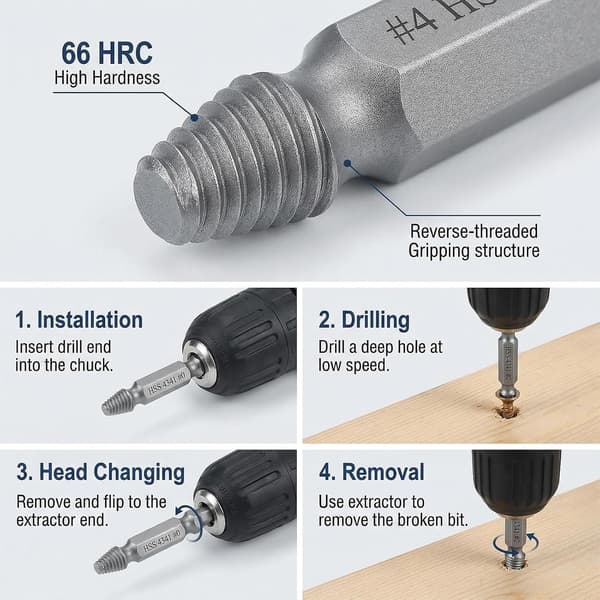 5-piece screw extractor set, high hardness 66 HRC bolt extractor, left-hand threaded for removing damaged screws