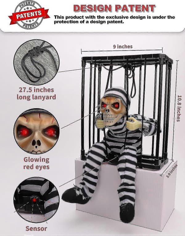 Screaming Animated Halloween Decorations, Motion Sensor Halloween Props, Scary Skull Cage Prisoner Haunted House Decoration