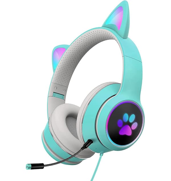 Sammenleggbart spillheadset med katteører, RGB LED-lys, stereolyd, mikrofon, USB 3,5 mm, kablede over-ear spillheadset for barn og voksne