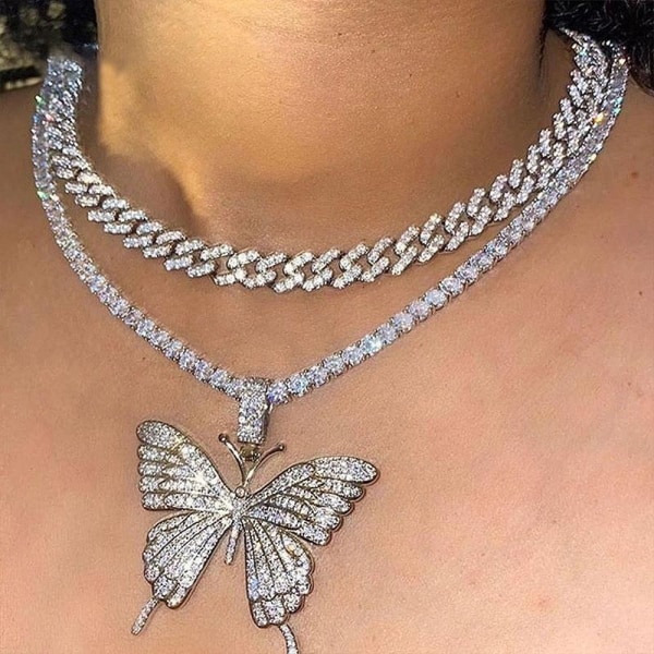 Big Butterfly Anheng Halskjede Rhinestone Kjede for kvinner Jente Bling Gull Sølv Krystall Lagdelt Choker Halskjeder Tilbehør