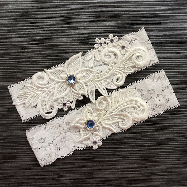 Satinblå Elastisk Bröllops Brudspetsstrumpa Set Blomma Blad Stil Pärlor Spets Bröllopsstrumpa för Brud med Rhinestone Toss