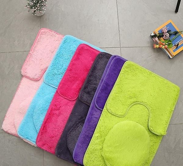Fluffy sort badeværelsesmåttesæt - Absorberende og skridsikker toiletmåtte - 3 dele