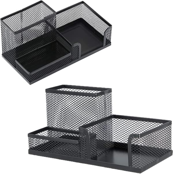 Black Mesh Desk Organizer, Desk Accessories with Pen Holder and 3 Compartment Desk Accessory Storage Baskets (3 in 1)