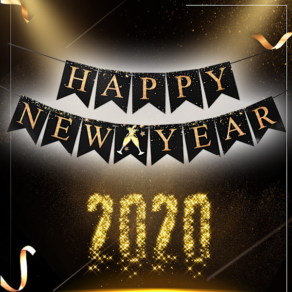 Svart guld Happy New Year-banderoll för nyårsfestdekorationer, ännu mer lyxig och stämningsfull.