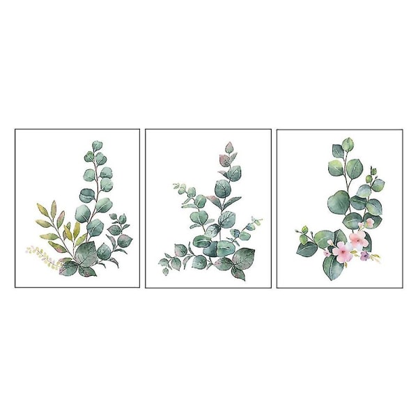 Sett med 3 grønne eukalyptusblader dekorativt bilde, soveromsdekorasjon
