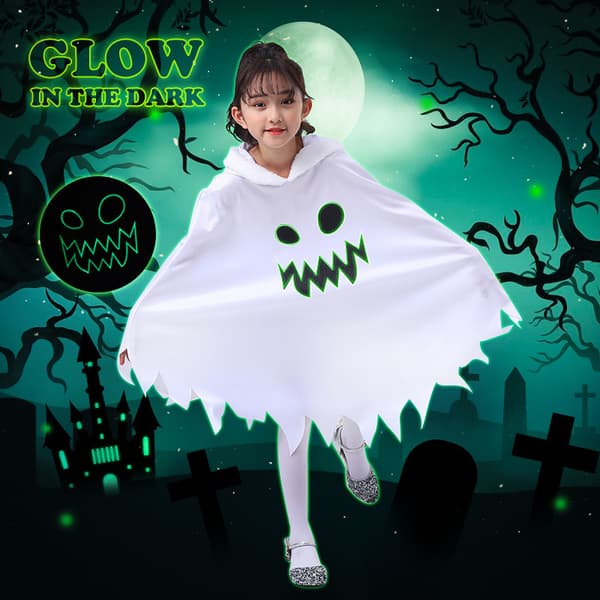 Barn Hvit Spøkelse Lysende Spøkelsesansikt Kappe Halloween Cosplay Tema Fest Kle Ut Drakt (7-9 år gamle)
