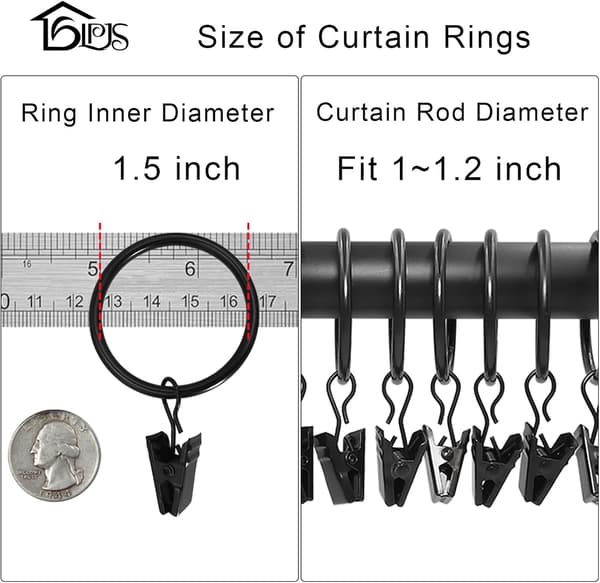 20-pak metalgardinringe med klemmer, gardinklemmer til ophængning af draperier, gardinstangsringe 3,8 cm indvendig diameter, sort