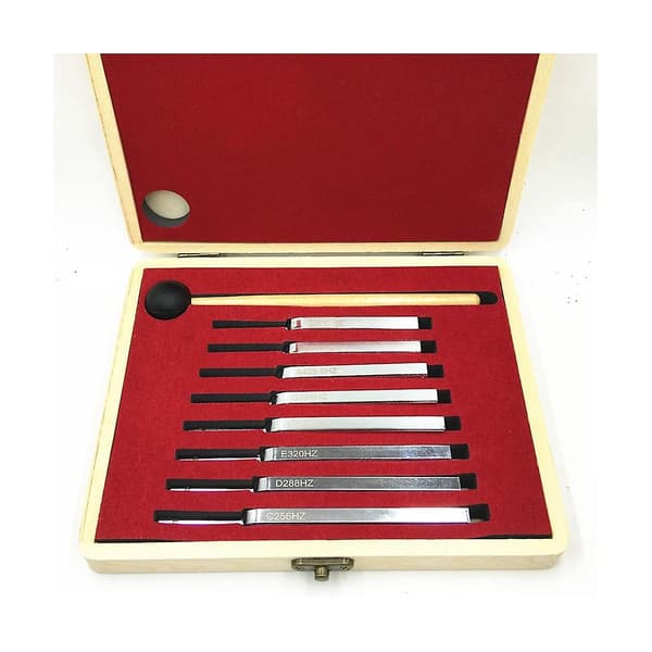 8-pack 256-512hz stål stämgaffel set klubba vibrations terapi verktyg