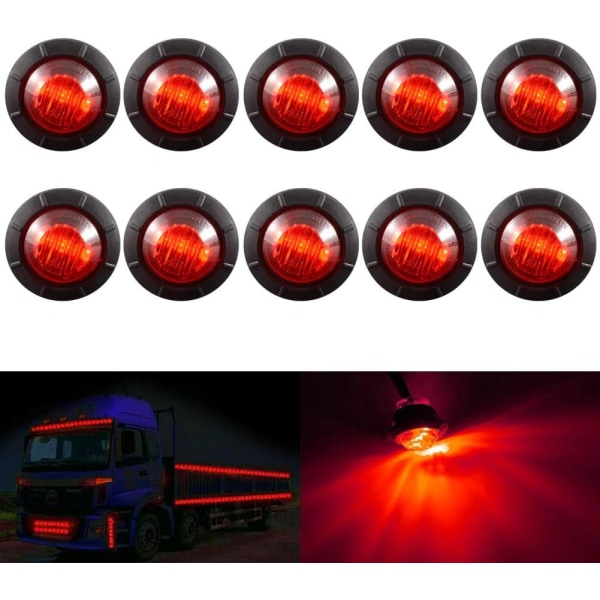 3/4\" Runda LED-sidomarkörlampor Fram Bak Sida Vattentäta Beacon Markörlampa 12V för Bil Lastbil (10st Röd)