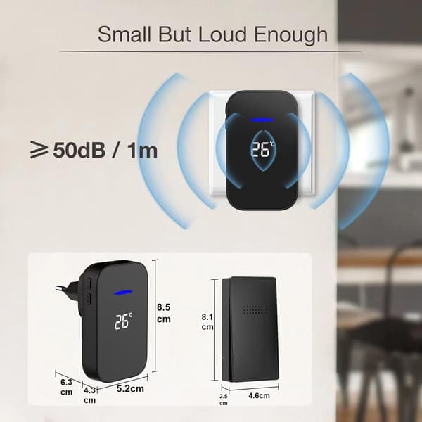 Wireless Doorbell, Battery-Free Wireless Chime, Self-Powered Doorbell Button Electronic Chime Kit Temperature Display
