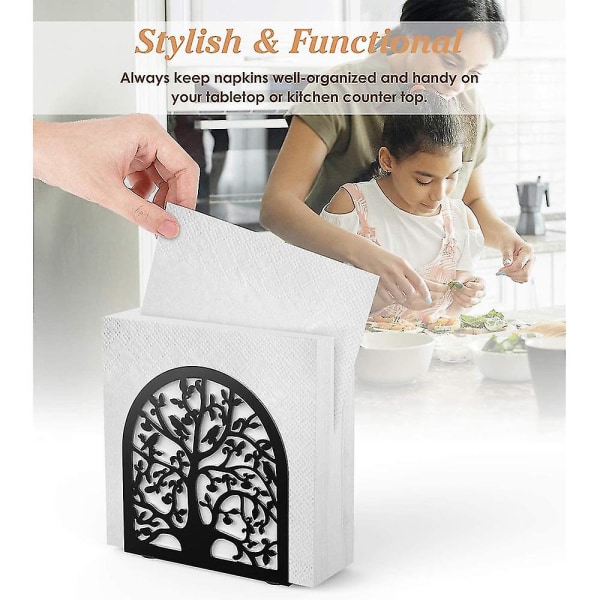 Metallserviettholder - svart serviettdispenser kompatibel med benkeplater på hjemmekjøkken med utskjæringstre og fugl