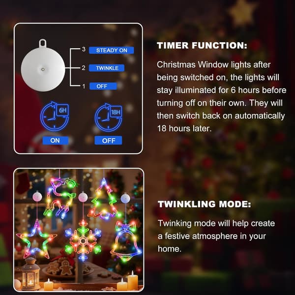 5-pack Christmas Window Lights Decorations with Timer, Battery Operated Hanging Warm White Lighted Snowflake Tree Star Deer Bells Shaped LED String Lights