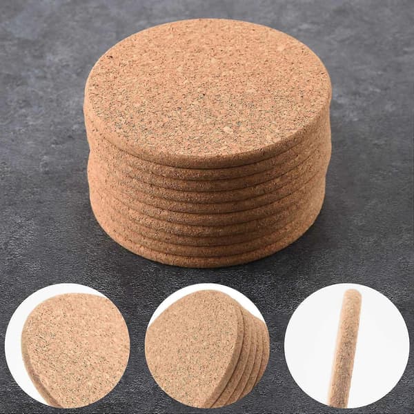 Sæt med 10 korkunderlag til bar - absorberende og genanvendelige - 90 mm, 5 mm tykke