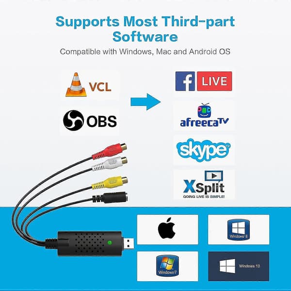VHS til digital omformer, USB 2.0 videoopptakskort, gammel VHS VCR Mini DV Hi8 DVD til digital omformer for MAC/PC, RCA til USB video [DB]