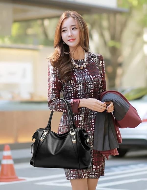 Women's Handbag - PU Leather Shoulder Bag - Large Capacity - With Handle and Crossbody Handle - Black