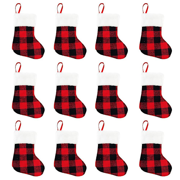 1 Sett med 12 stk 7 tommers jule-strømper Svart og rød rutenett Gaveposer Trepynt Assorterte farger 12 stk 18 cm Assorted Color 12pcs 18cm