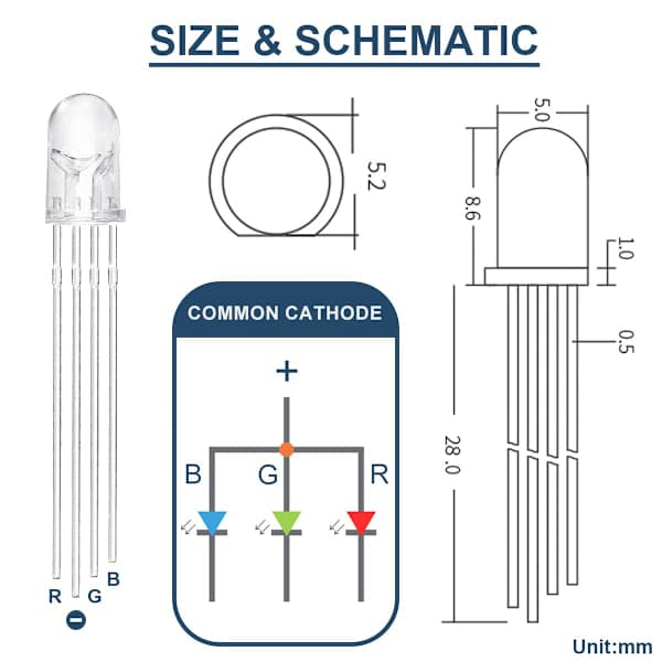 100-pack 5 mm Common Cathode LEDs, DC 3V, 20mA, RGB Tri-Color (Red/Green/Blue)