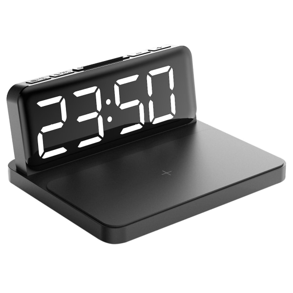 Digital väckarklocka med 10w trådlös laddning, stor LED-skärm, USB laddningsport, kompatibel med svart