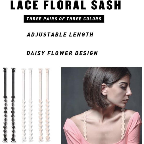 3 par BH-remmar för kvinnor Floral Lace Daisy Justerbara underklädersremmar