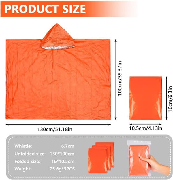 Overlevelses sovepose, 3-pakning Nødoverlevelsesponcho, Mylar termisk sovepose, med hette, termisk