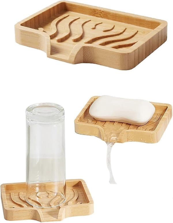 1 pc Bamboo Soap Dish with Drip Tray - With Self-Draining Soap Saver for Shower