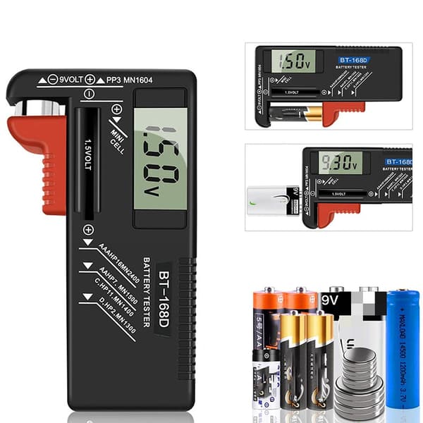 Digital batteritester, universel batteritester, batteritester, til AA, AAA, C, D, PP3, 9V, 1,5V og knapcellebatterier - Fungerer uden batteri