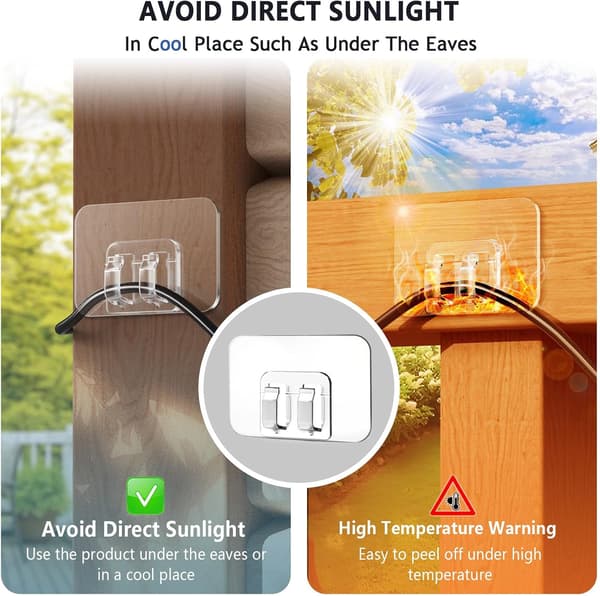 Outdoor String Light Hooks - 100-Pack with Adhesive Strips - No Damage, No Tools, No Holes, Waterproof and UV Resistant, Perfect for Christmas