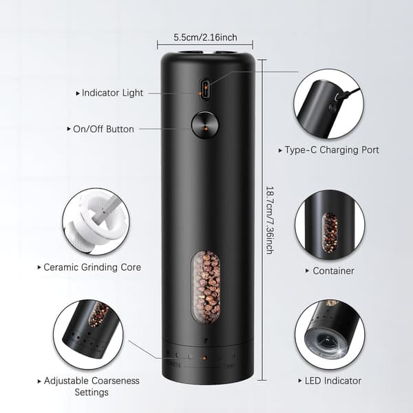 Electric Pepper Grinder, USB-C Rechargeable, Automatic Pepper Mill with 110ml Container [LED Light], External Adjustable Coarseness, One-Hand Operation