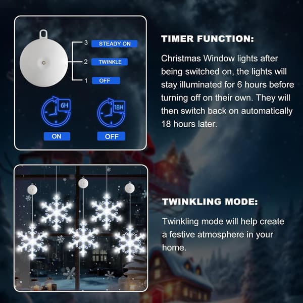 5-pack Christmas Window Lights Decorations with Timer, Battery Operated Christmas Hanging White Lighted Snowflake Shaped LED Suction Cup for Christmas Tree