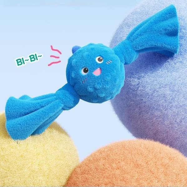 Squeaky Dog Ball Toy - Plush, Spiked TPR Core, Interactive Bite and Chew Toy (Blue)