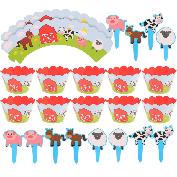 24pcs Farm Theme Cupcake Wrappers Cake Toppers Cartoon Diy Cake Decoration Set Party Supplies Favors (12 Wrappers + 12 Toppers)24pcs