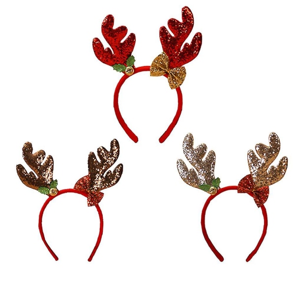 3st juldekorationer Glitter Horn Huvudspänne med klockor Pannband Hårband (röd + guld + kaffe)