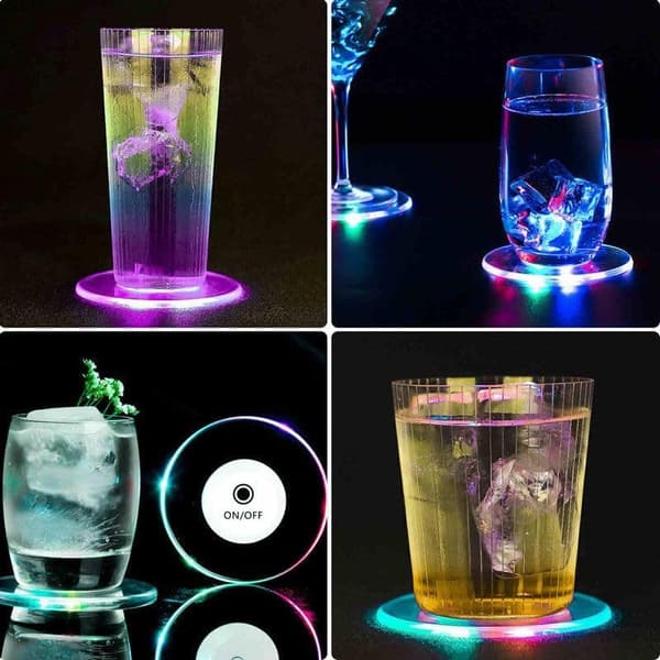 LED Coaster Sæt med 2, LED Coaster til Drikkevarer, Flaskelys til Spiritusflasker, Lysende Coaster, Flash Coaster Blinkende Shots Lys Perfekt