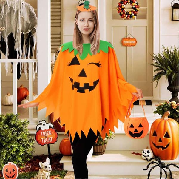 Halloween Græskar Poncho til Kvinder, Græskar Kappe Kostume med Hårbånd og Slikpose