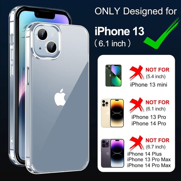 Cover til iPhone 13 (6,1 tommer), stødsikkert, transparent og ridsefast, gulner ikke