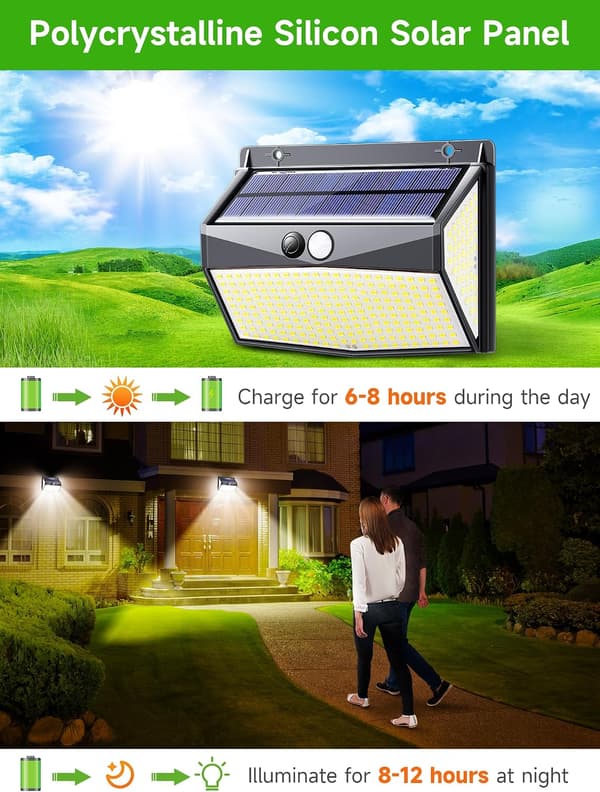 Udendørs solcellelampe, 【318LED 2000LM】Udendørs solcellelampe med bevægelsessensor, 3 lystilstande, IP65 (2-pak)