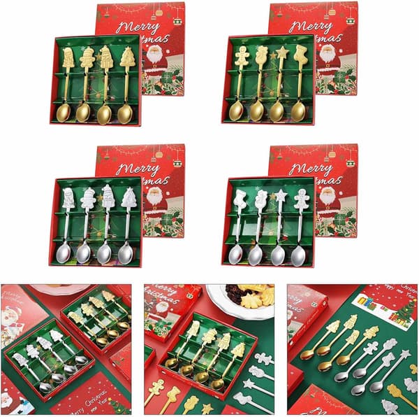 4 st Rostfria Jul Kaffe- & Teskedar - Blandningsskedar med Tomte- & Pepparkaksdesigner