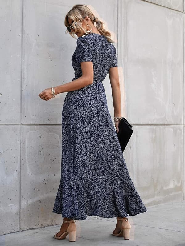Sommer Maxikjole for Kvinner, Uformell Boho Blomstret V-hals Kortermet