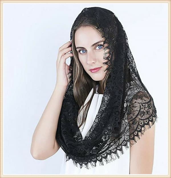 Kapellslør Blomstret Latinsk Messe Hodeplagg Blondesjal Mantilla Slør for Kirken (C)