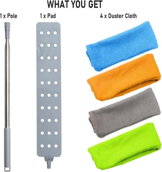 Extendable Duster, Flat Duster with 2.5m Grey Crevice Brush + Light Blue Replacement Cloth + Green Replacement Cloth + Orange Replacement Cloth