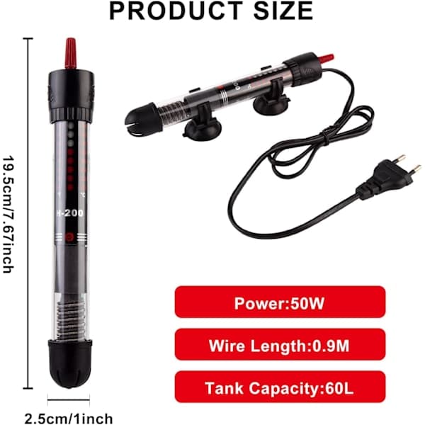 (60 l, 50 W) Aquarium Heater - Adjustable Thermostat - With 2 Suction Cups