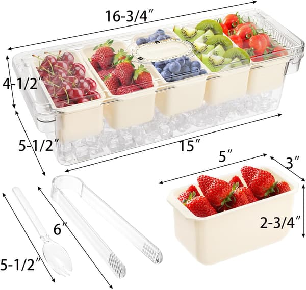 Stor iskyld kryddservering med lock, 5-facks kyld kryddbehållare, serveringsbricka för tacobar, garnering, tång, gafflar