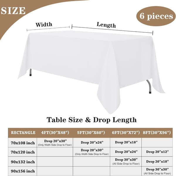 White Tablecloths for Rectangular Tables, 6-pack - 178 x 305 cm - Reusable and Washable Tablecloths for 183-244 cm Tables, Polyester Fabric