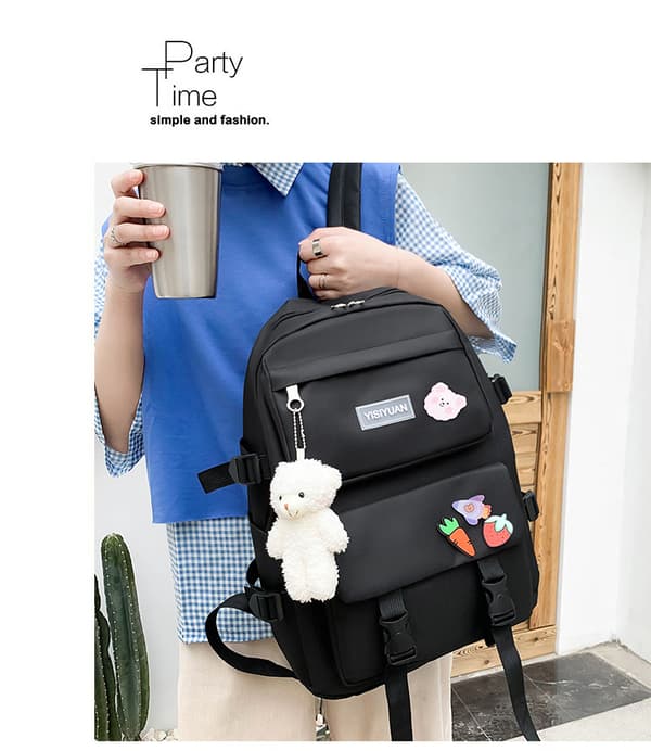 Five-piece School Bag Large Capacity Shoulder Bag Includes Bear Pendant-389 Black